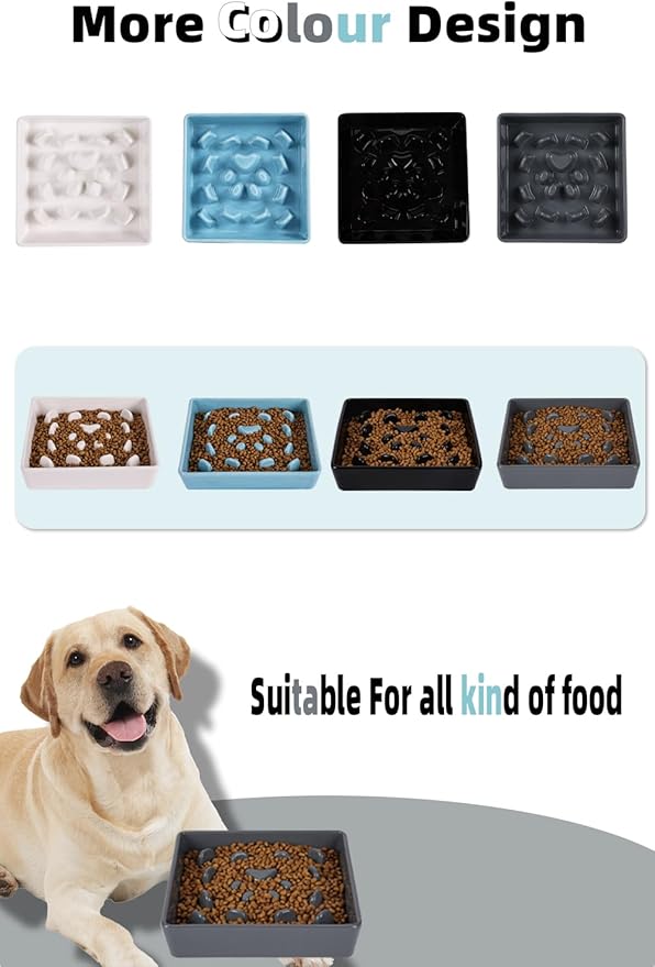 Square Slow Feeder Dog Bowls, Ceramic Fun Slow Eater Bowl for Small Medium Breed (Grey)