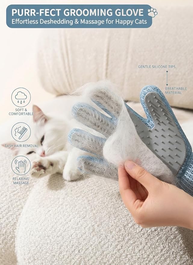 Gentle Pet Grooming Gloves - Efficient Cat & Dog Brush for Shedding - Hair Remover and Deshedding Tool for Long or Short Haired Pets - Great for Bathing & Massage