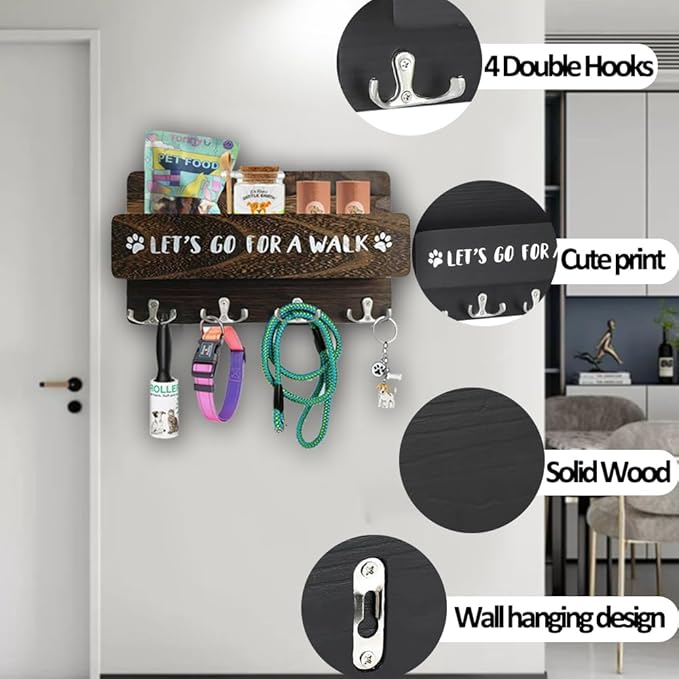 Wood Dog Leash Holder for Wall, Key Hangers with 4 Double Key Hooks, Dog Leash Hanger Wall Mounted for Entryway, Farmhouse Treats,30cm, Brown