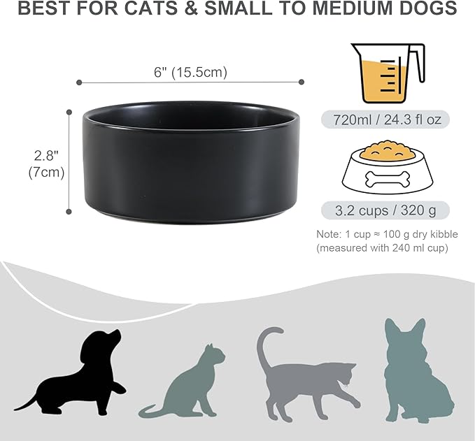 Ceramic Dog Bowl for Food and Water - Pet Feeder Bowl for Small to Medium Dogs and Large Cats - Heavy Ceramic Feeding Dish with Non Slip Base - Dishwasher & Microwave Safe - 2 Pack - 6 Inch - Black