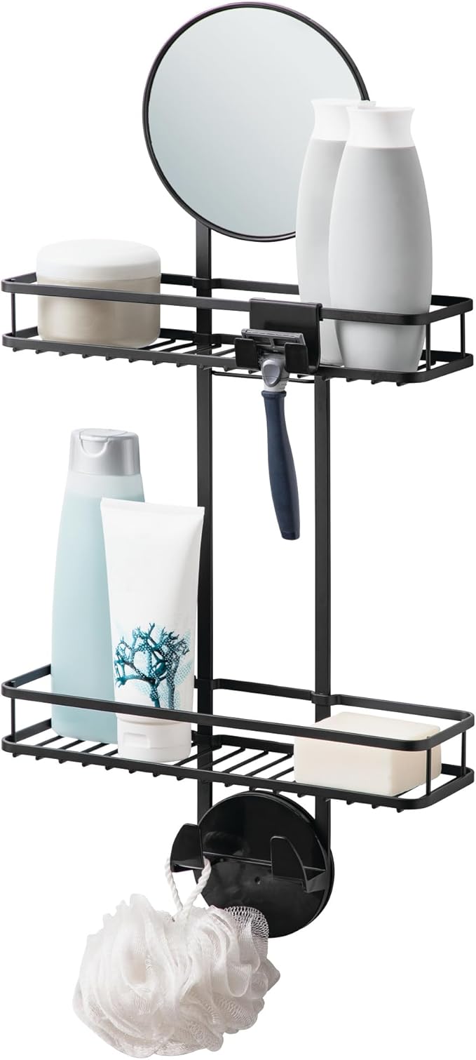iDesign Self-Adhesive Shower Caddy with Mirror and Accessory Hooks - Matte Black