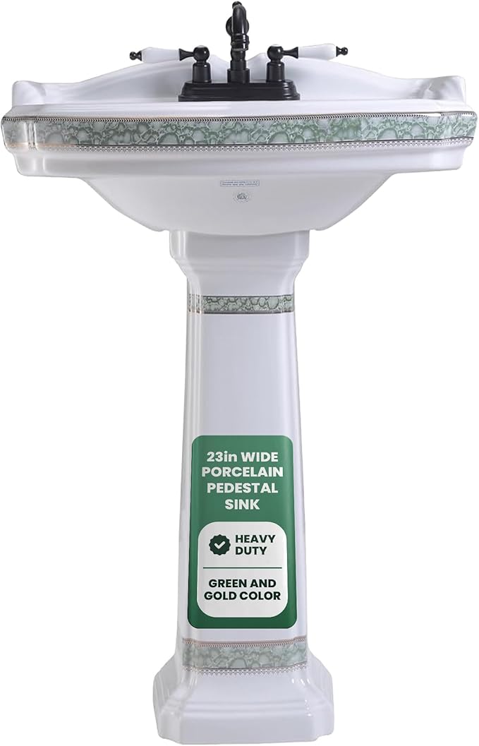 Renovators Supply Manufacturing 23" White Pedestal Bathroom Sink Heavy Duty Porcelain, Green and Gold Decorative Accents, 4" Centerset Faucet Holes, High Backsplash and Overflow