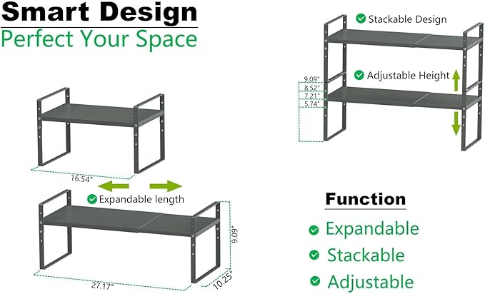 Expandable Stackable Spice Rack Cabinet Shelf Organizer in Cabinets Shelves Kitchen Cupboard Organization Stack up Racks Pantry Countertop Storage (Gun-Gray, Large 3 Packs G)