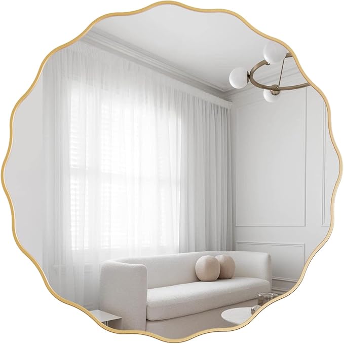 Round Wavy Wall Mirror for Bathroom,24" Gold Circle Scalloped Wood Vanity Mirror Decorative for Bedroom Living Room Hallway Entryway Home Decor
