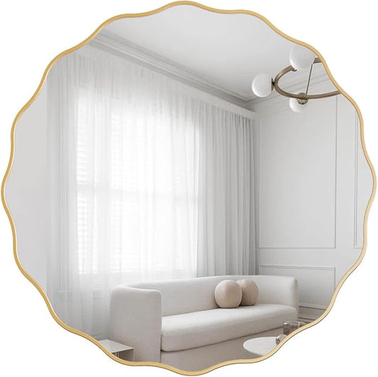 Round Wavy Wall Mirror for Bathroom,24" Gold Circle Scalloped Wood Vanity Mirror Decorative for Bedroom Living Room Hallway Entryway Home Decor
