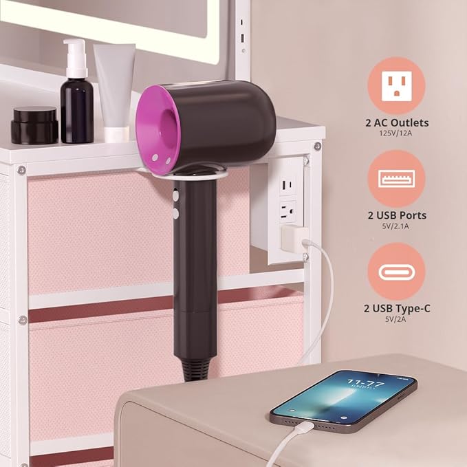 COMHOMA Vanity Desk with Large Mirror,LED and Power Outlet,Makeup Table with 9 Storage Drawersand HD Mirrors,3 Color Modes Adjustable Lighting for Bedroom Dressing Room (Pink, 35inch)