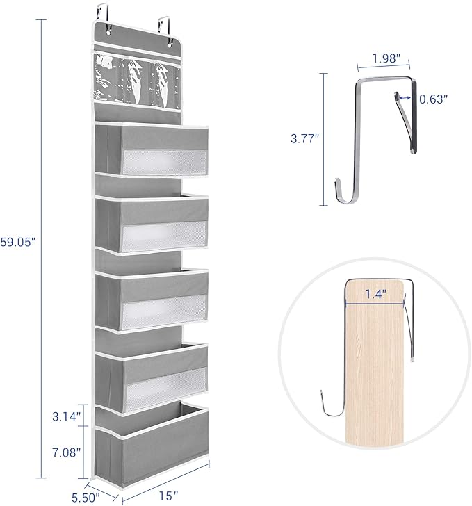 NesTidy Over The Door Organizer Storage 6 Layers, Wall Mount Hanging Organizer with 5 Large Pocket Organizers and 3 Small Pockets for Baby Essentials, Toys, Cosmetics, and Sundries (Grey, 1 Pack)