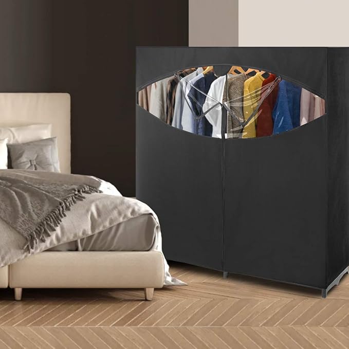Whitmor Portable Wardrobe Clothes Storage Organizer Closet with Hanging Rack - Extra Wide -Black Color - No-tool Assembly - Extra Strong and Durable - 60"L x 19.5"W x 64"
