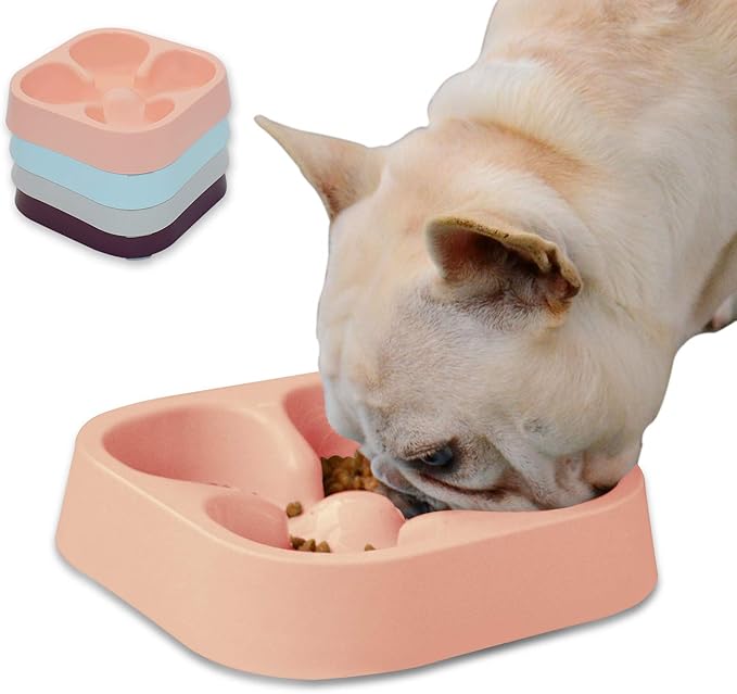 Healthy Slow Feeding Dog Bowl for French Bulldog -Slow Feeder Dog Bowl No Chocking Dog Cat Food Water Bowl with Four-Leaf Clover Pattern (Pink)