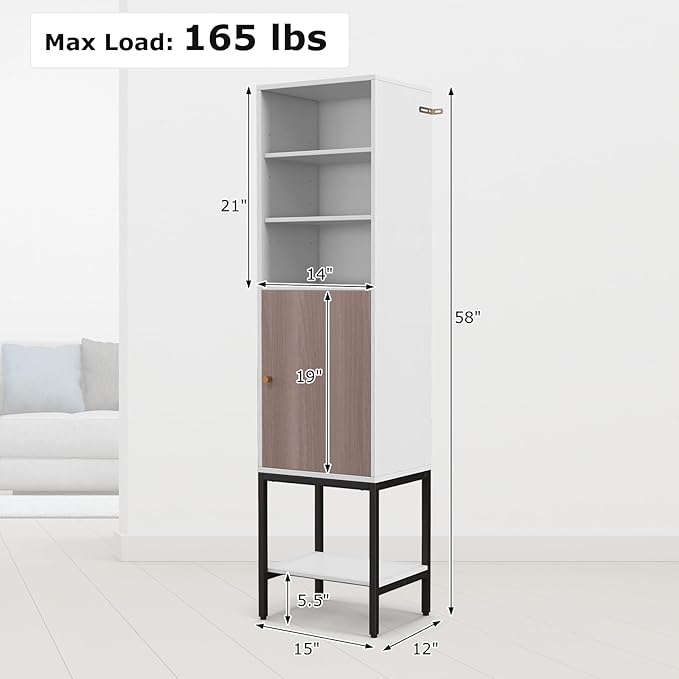 Tangkula Tall Bathroom Storage Cabinet with 1 Door and 4 Shelves, 57" H Narrow Floor Cabinet with Adjustable Shelves, Tall Slim Bathroom Cabinet for Living Room, Entryway, Kitchen (White)