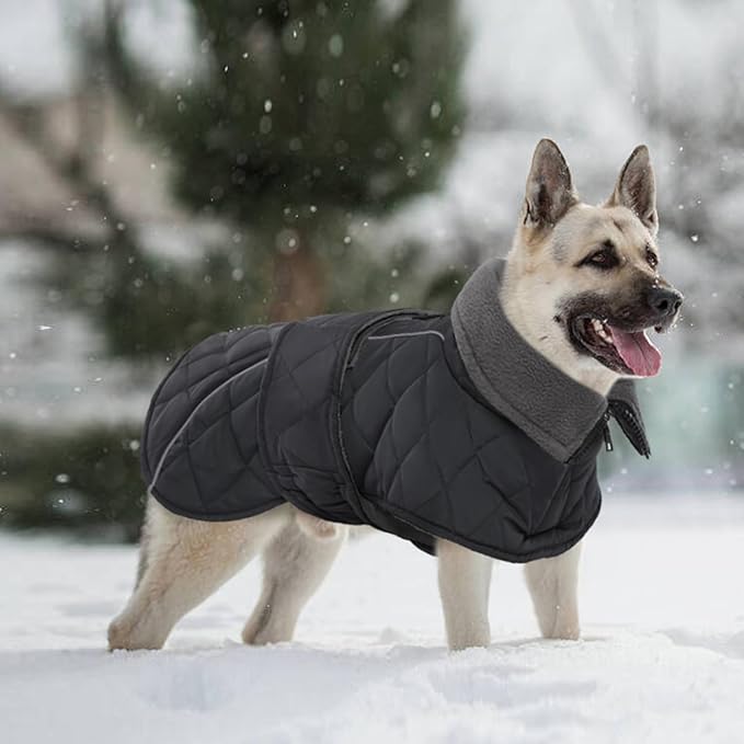 Kuoser Dog Coat, Super-Warm Dog Jacket Windproof Pet Cold Weather Coats for Extra Large Dogs, Fleece Lining Quilted Turtleneck Puppy Snowsuit Reflective Adjustable Doggie Winter Clothes, Grey, 2XL