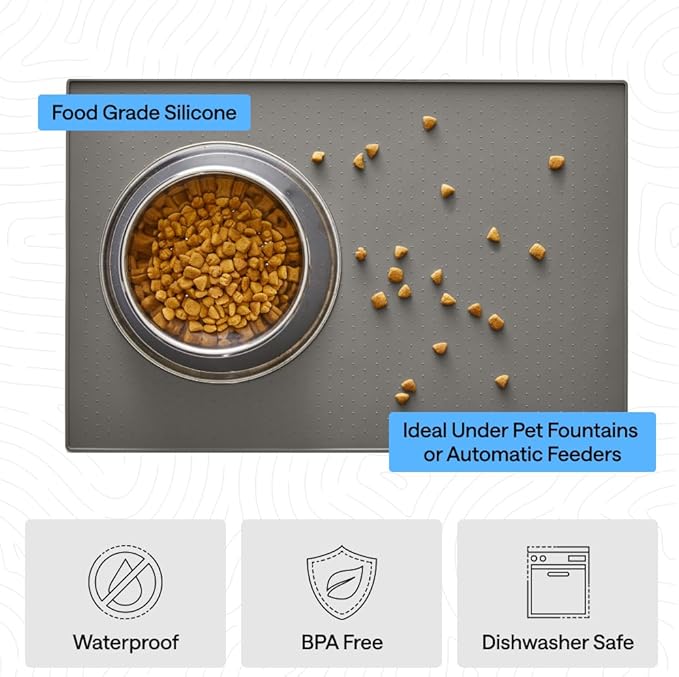 GORILLA GRIP 100% Waterproof Raised Edge BPA Free Silicone Pet Feeding Mat, Dog Cat Food Mats Contain Spills Protects Floors, Placemats for Cats and Dogs Water Bowl, Pets Accessories 16x10, Gray
