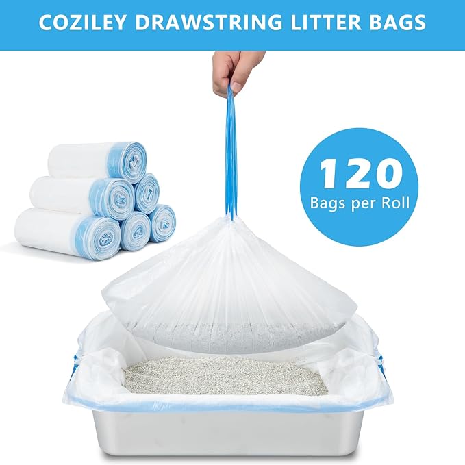 Replacement Waste Bags for Self Cleaning Litter Box, Heavy-Duty Dual Drawstring Trash Bags, 21.7"x11", Leak & Tear-Resistant, Trash Bags for Cat Litter Box Drawers, 6 Rolls (120 Bags)
