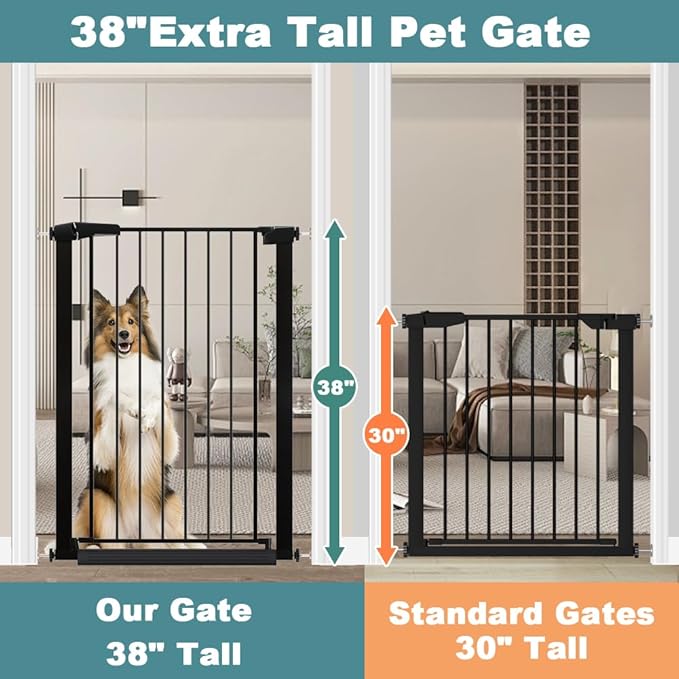 Fairy Baby Extra Tall Baby Gate Stand 38" Tall, 70.9"-76.3" Extra Wide Large Safety Child Gates for Doorway, Metal Auto Close Dog Gate for House, Stair Gates for Kids or Pets No Drilling, Black
