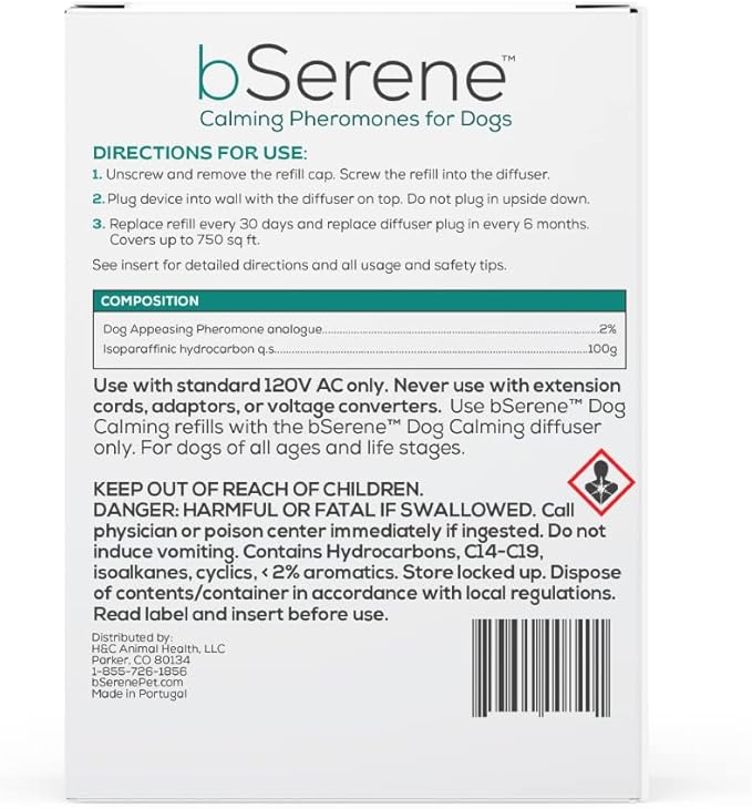bSerene Pheromone Calming Solution for Dogs 30-Day Starter Kit: Plug-in Diffuser + Refill Helps Reduce Excessive Barking, Destruction, Stress, and Fear Great for Thunderstorms and Fireworks