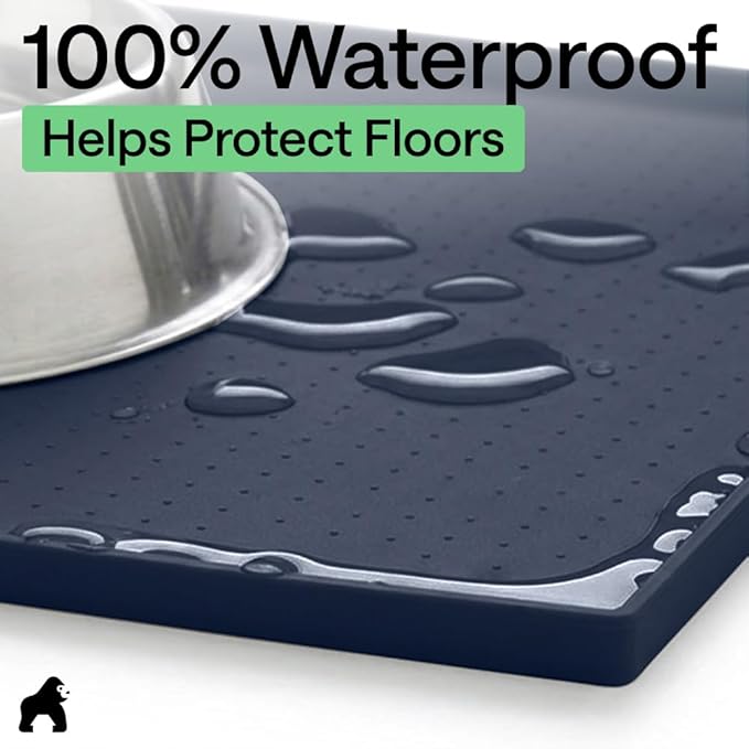 GORILLA GRIP 100% Waterproof Raised Edge BPA Free Silicone Pet Feeding Mat, Dog Cat Food Mats Contain Spills Protects Floors, Placemats for Cats and Dogs Water Bowl, Pets Accessories 18.5x11.5 Navy