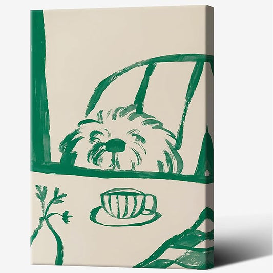 Funny Sneaky Dog Poster Abstract Coffee Breakfast Canvas Wall Art Modern Minimalist Animal Sketch Artwork Prints Painting For Living Room Kitchen Dining Room Wall Decor 24x36in Wrapped Canvas