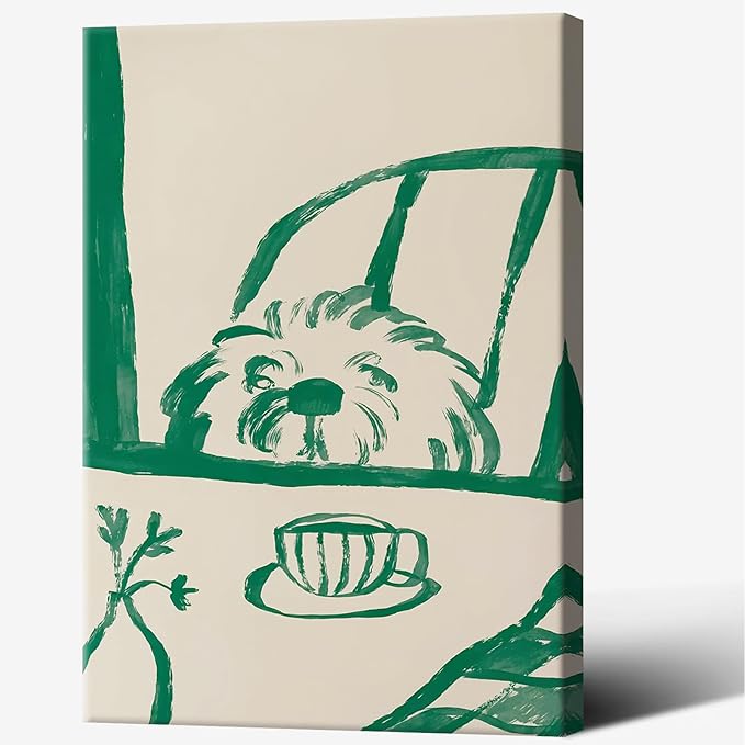 Funny Sneaky Dog Poster Abstract Coffee Breakfast Canvas Wall Art Modern Minimalist Animal Sketch Artwork Prints Painting For Living Room Kitchen Dining Room Wall Decor 12x16in Wrapped Canvas