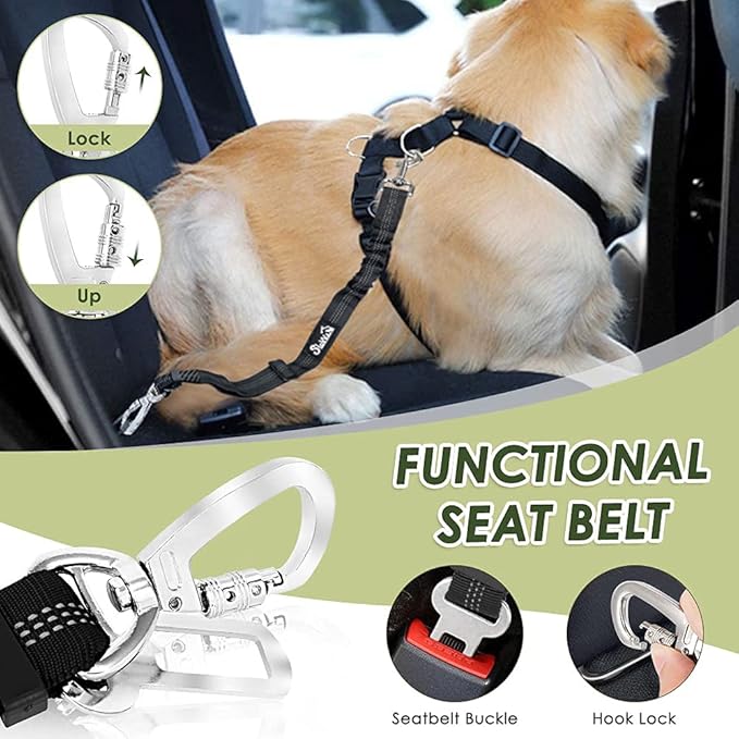 SlowTon Dog Seatbelt, 2 Pack Dog Seat Belt Car Leash Adjustable Elastic Bungee Buffer Heavy Duty Nylon Reflective Pet Safety Tether Connect to Dog Harness for Travel Riding in Vehicle (Daul Clip, B)