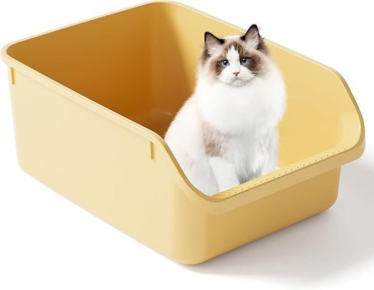Large Cat Litter Box with High Side Cat Litter Pan Boxes for Indoor Cats Kitty Litter Box with Low Entry Open Top Entrance,Anti-Splashing(Yellow)