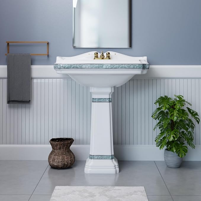 Renovators Supply Manufacturing 23" White Pedestal Bathroom Sink Heavy Duty Porcelain, Green and Gold Decorative Accents, 4" Centerset Faucet Holes, High Backsplash and Overflow
