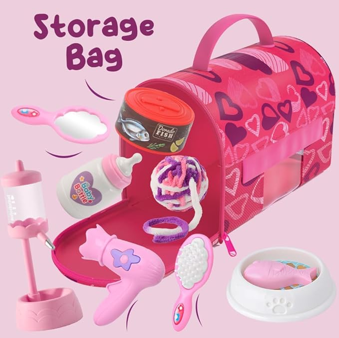 Golray Cat Toys for Kids Girls Gift, Electronic Interactive Plush Toy Cat Can Walk and Meow - 16 Pcs Carrier & Pet Groom Feed Care Pretend Play Set, Birthday Gift for Toddler Little Girl 3 4 5 6 7 8 9