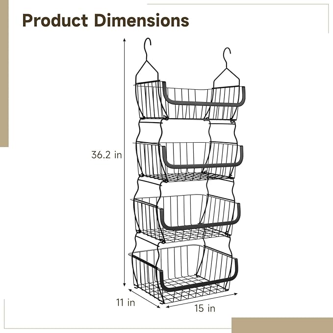 4 Tier Hanging Closet Organizer, 36.2 x 15 x 11 in Carbon Metal Hanging Storage Basket, Rustproof Heavy Duty Closet Wire Storage Shelf for Closet, Laundry, Dorm