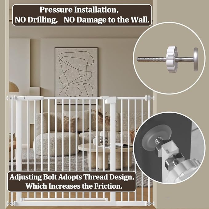 WAOWAO 1.37" Ultra Narrow Spacing Extra Wide Dog Pet Gate 53.74-61.61" Pressure Mounted Walk Through Double Lock Swing Auto Close Safety White Metal Toddler Baby Puppy Pet for Indoor,Doorway,Kitchen