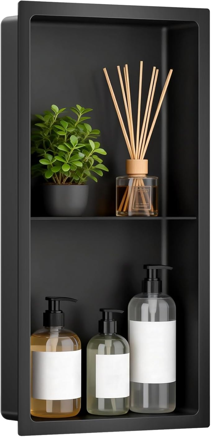 No Tile Needed Shower Niche 13"X 25", Bathroom Wall Niche Double Shelves, Stainless Steel Shower Niche for Bathroom, Kitchens, Balconies