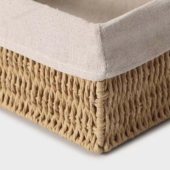 Set of 3 Wicker Storage Baskets for Shelves with Removable Linen Liner, Nesting Woven Organizer Bins for Pantry, Bathroom Counter, Closet, Dresser