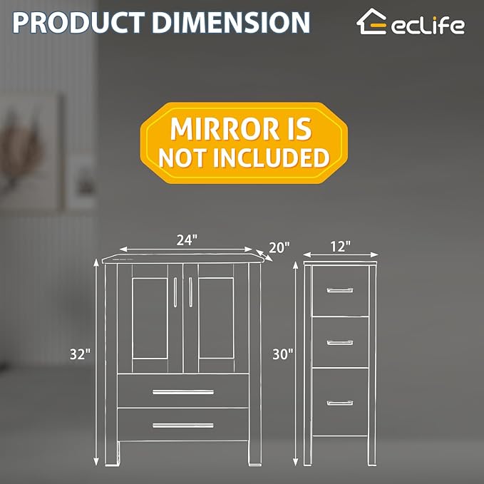 eclife 72" Modern Bathroom Vanity Sink Combo Freestanding Cabinet with Small Side Cabinet, Without Vessel Sink, Faucet, Drain (Black Vanity Only)