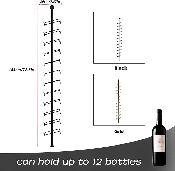 Wine Rack Wall Mounted, 72.8in High Metal Wine Bottle Holder for 12 Bottles, Kitchen Organization and Wine Storage for Commercial Restaurants Pantry Bar Wine Cellar (Black, One row-12 Bottles)