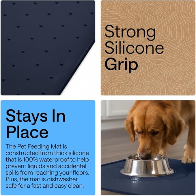 GORILLA GRIP 100% Waterproof Raised Edge BPA Free Silicone Pet Feeding Mat, Dog Cat Food Mats Contain Spills Protects Floors, Placemats for Cats and Dogs Water Bowl, Pets Accessories 28x18 Navy