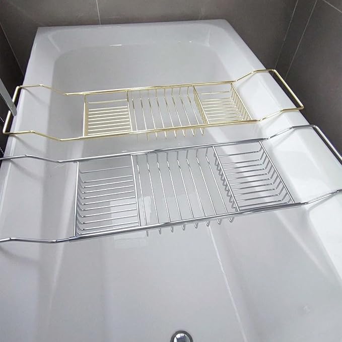 Stainless Steel Expandable Shower Bathtub Tray Over Tub Bath Caddy Expandable Bath Caddy for The Elegant Tub Chrome Polished (Silver)