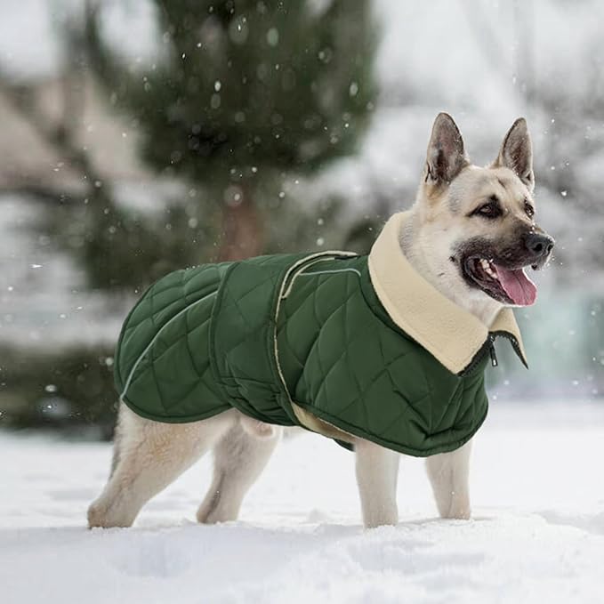 Kuoser Dog Coat, Super-Warm Dog Jacket Windproof Pet Cold Weather Coats for Extra Large Dogs, Fleece Lining Quilted Turtleneck Puppy Snowsuit Reflective Adjustable Doggie Winter Clothes, Green, 2XL