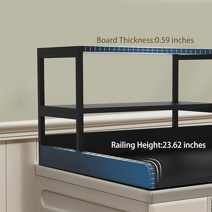 Washer and Dryer Countertop with Shelf, 2-Tier 54" x 27.5" Wood Laundry Countertop, Washer Dryer Topper with High Edge Rails and Hooks, Non-Slip Pads, Waterproof & Heat Resistant Top (Black)