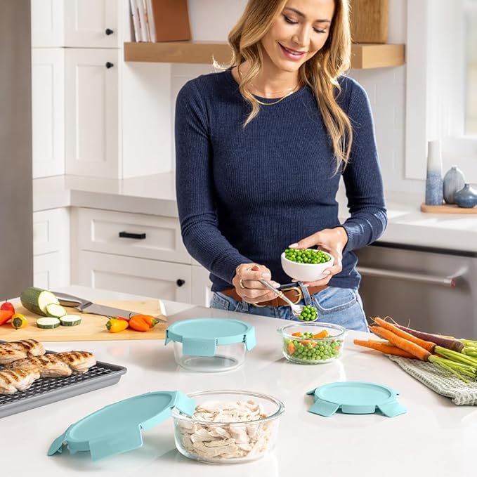 Bentgo Glass Leak-Proof Food Storage Set - 6-Piece Glass Containers with BPA-Free Airtight Lids, Reusable & Durable for Leftovers & Meal Prep - Microwave, Freezer, Oven & Dishwasher Safe (Soft Aqua)