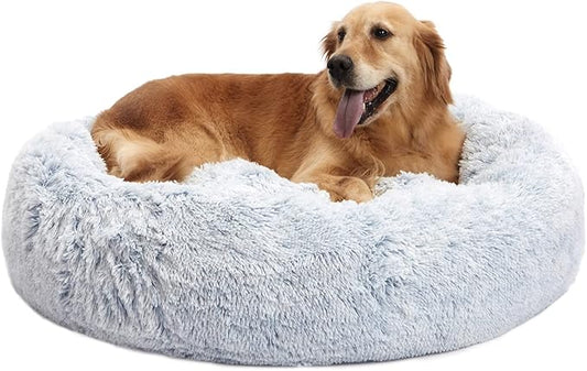 Bedfolks Calming Donut Dog Bed, 36 Inches Round Fluffy for Large Dogs, Anti-Anxiety Plush, Machine Washable (Light Blue, Large)