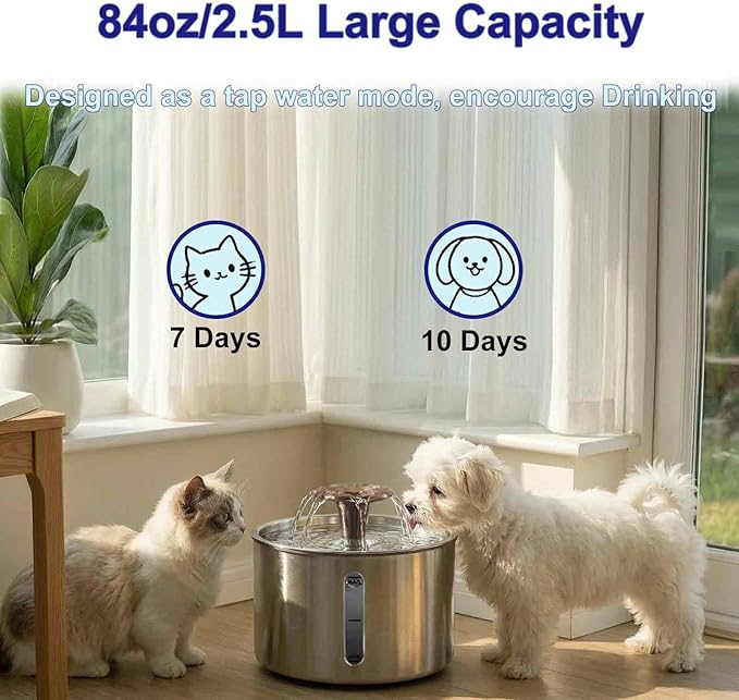 Stainless Steel Cat Water Fountain, 84oz/2.5L Pet Fountain Dog Water Dispenser with Water Level Window for Cats/Dogs Indoor, Flower Style Sprinkler, Silent Automatic USB Wired Dispenser,Filter Sponge
