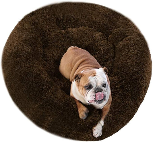 BODISEINT Faux Fur Dog Bed, Shag Round Anti-Anxiety Pet Calming Doughnut Cuddler for Medium Large Puppy Dog Cat Kennel Cushion Self Warming Bed (28'' D x 8'' H, Chocolate)