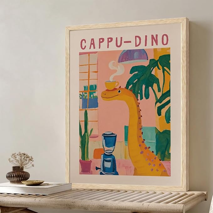 XJYISUO Framed Wall Art Trendy Coffee Wall Decor Whimsical Cappu-Dino Canvas Art Retro Dinosaur Coffee Pictures Funny Dopamine Paintings Funky Artwork For Kitchen Coffee Bar Living Room