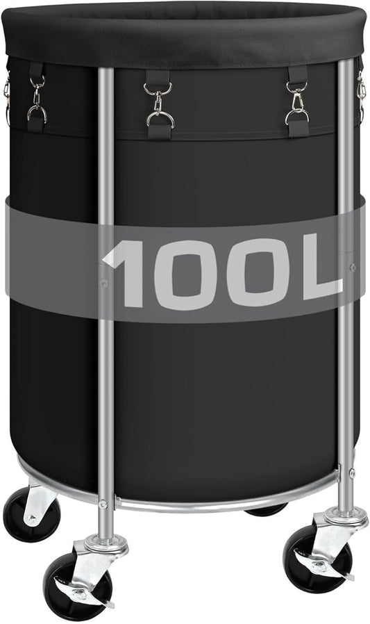 Laundry Hamper with Wheels, 100L Round Rolling Laundry Basket Sorter with Removable Bag, Clothes Cart Organizer with Steel Frame for Bedroom, Bathroom, Laundry Room, Black
