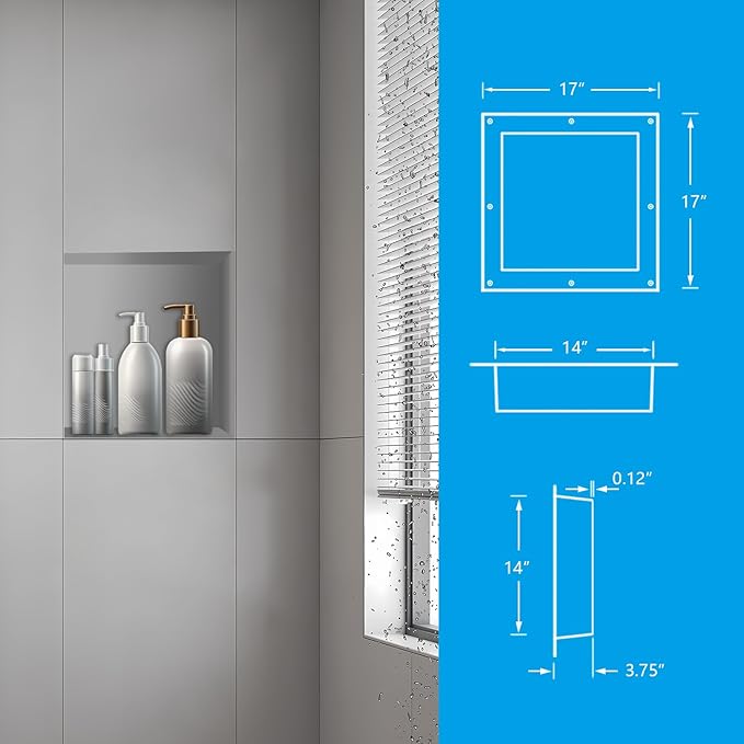 Uni-Green Ready Tile Shower Niche Shelf 17"x17"（Inside 14"x14"） With Texture - Single Shelf Shower Shelf Insert for Bathroom Niche Storage, Water and Leak Proof Wall Niche Insert