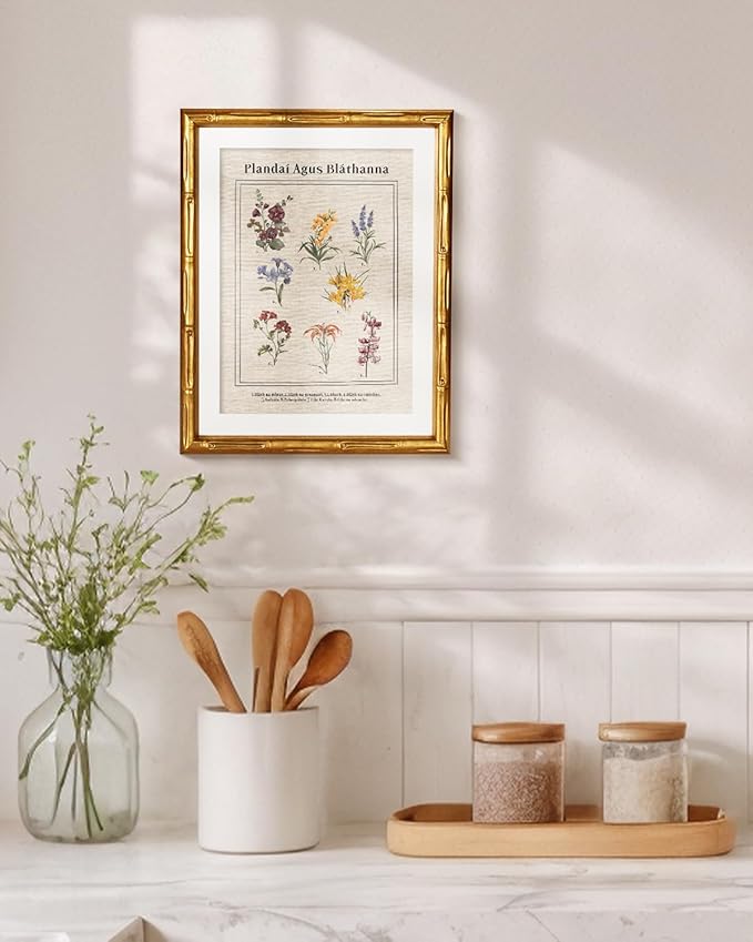 Vintage Botanical Wall Art Antique Style Plant Illustration 11x14, Gold Bamboo-Textured Framed Canvas Floral Print Acrylic Cover, Classic Natural History Artwork Room Bedroom Study Home Decor