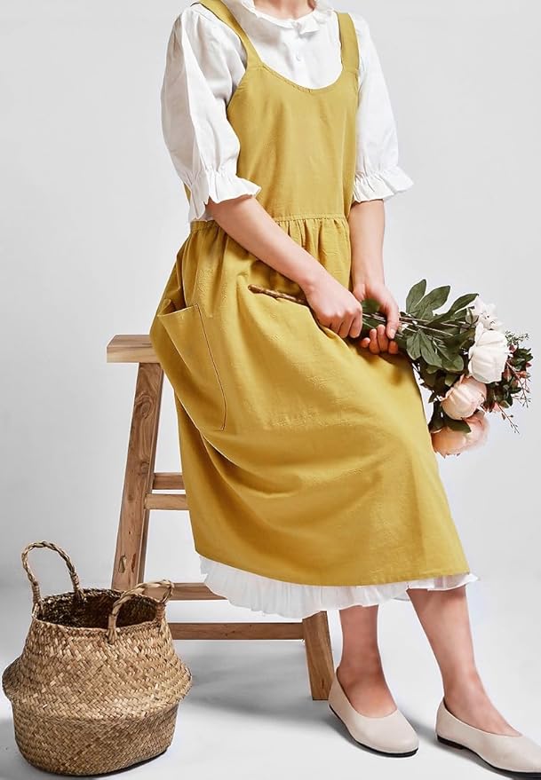 Cotton and linen Kitchen Cooking Aprons Dress for Women with Pockets Cute for Baking Painting Gardening Cleaning