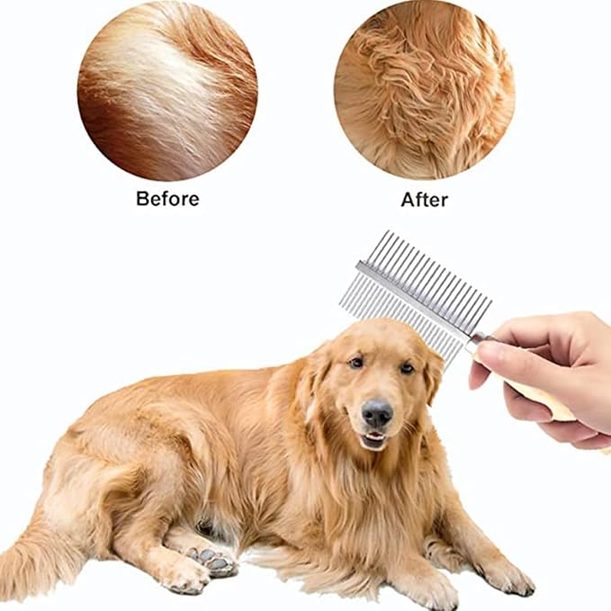 2Pcs Wooden Pet Comb Set with Fine Teeth Non-Skid Handle, Natural Dual-Row Grooming Comb for Dogs and Cats, Effective Stain Removal and Shedding Control, for Home Pet Care