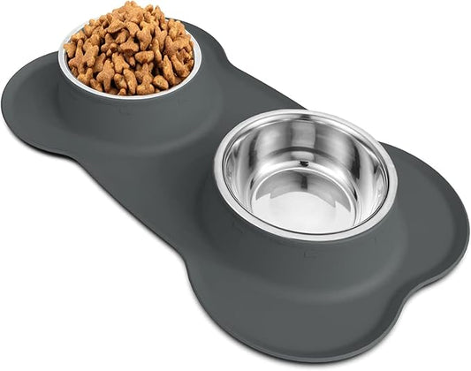 AsFrost Dog Food Bowls, BPA Free Stainless Steel Dog Food and Water Bowl Set, 2 Large Dog Bowls with No Spill Non-Skid Silicone Mat, Dog Dishes for Medium Large Sized Dogs Pet Bowls, 6 Cup, Grey
