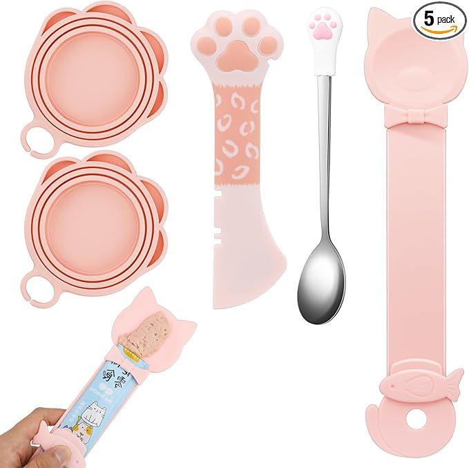 5 PCS Cat Food Can Covers Lids Set - Cute Paw Design Pet Cans Lids Covers with Can Opener, Wet Food Spoon & Cat Treat Squeeze Spoon for Cats, Dogs (Pink)