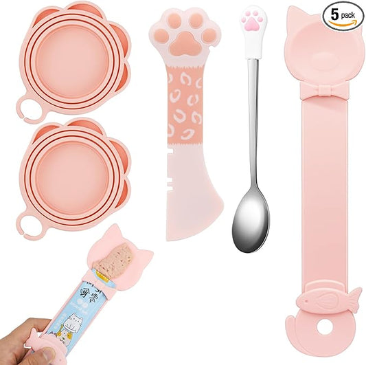 5 PCS Cat Food Can Covers Lids Set - Cute Paw Design Pet Cans Lids Covers with Can Opener, Wet Food Spoon & Cat Treat Squeeze Spoon for Cats, Dogs (Pink)