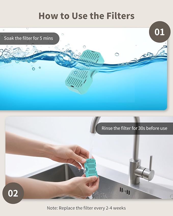 Cat Water Fountain Filters Replacement for 2.2L & 3.2L Square Stainless Steel Cat Fountains, 7L Dog Water Fountains, 6 Carbon Filters & 6 Pre-Filter Sponges, Replacement Filters Pack of 6+6